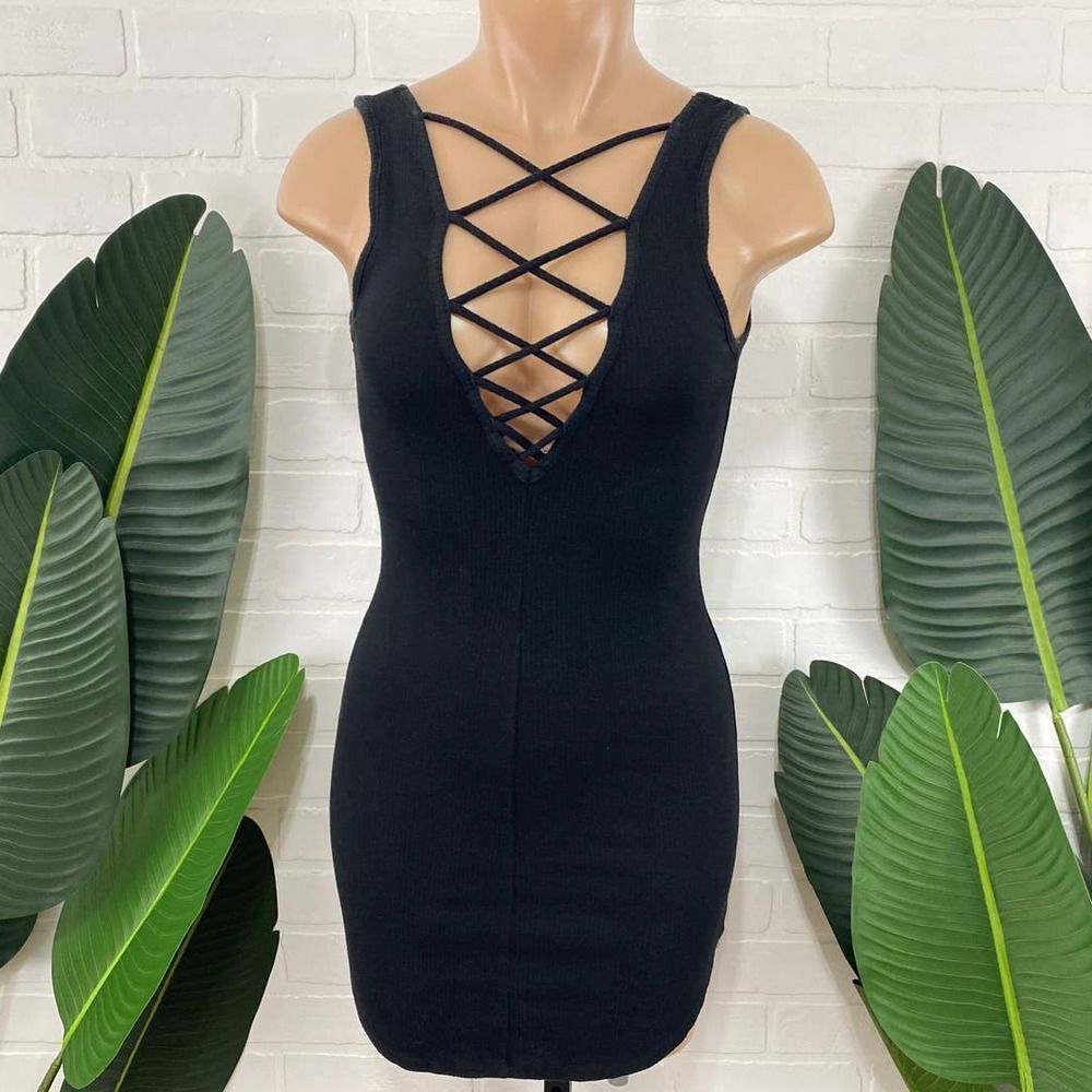 Ambiance Apparel Black ribbed lace up mini dress